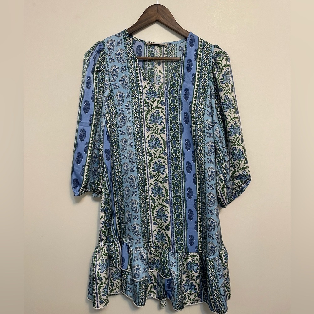 Black Tape Knee Length Cottagecore Paisley Patchwork Rufled Hem Silky Dress